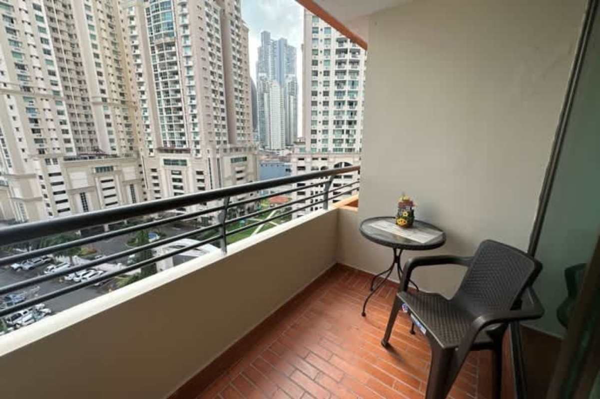 Furnished balcony with city and ocean views from Pacific Point Punta Pacifica Panama