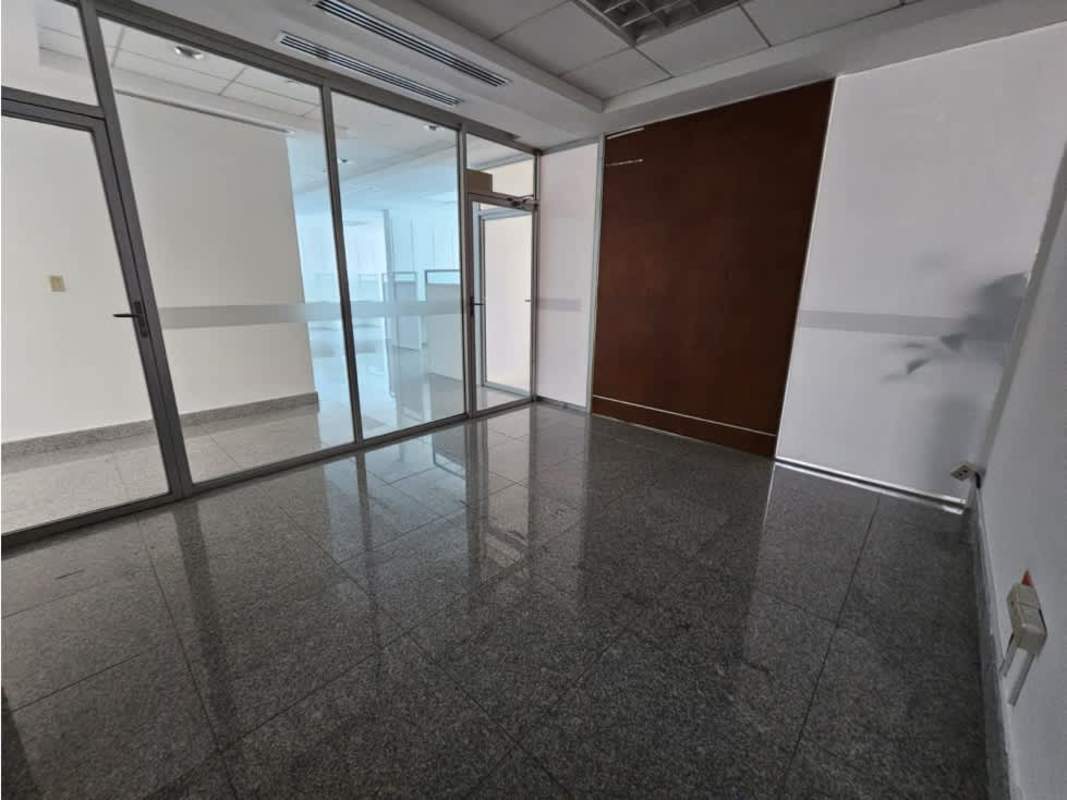 Modern office with glass partitions and granite tiles, empty workspace PH Global Bank Tower Panama City