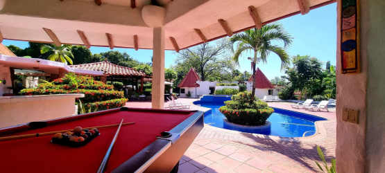 Outdoor swimming pool, palm trees, lounge chairs, tropical landscaping at beach villa Panama