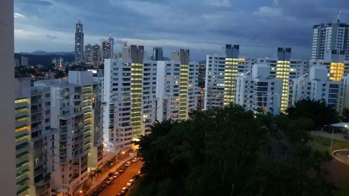 Balcony panoramic view of Panama City skyline from Edison Park apartment