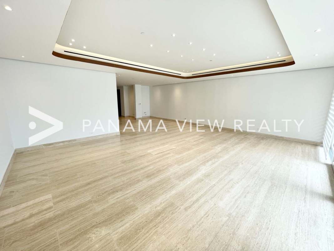 Contemporary kitchen at The Towers Punta Paitilla with island, premium appliances, marble counters