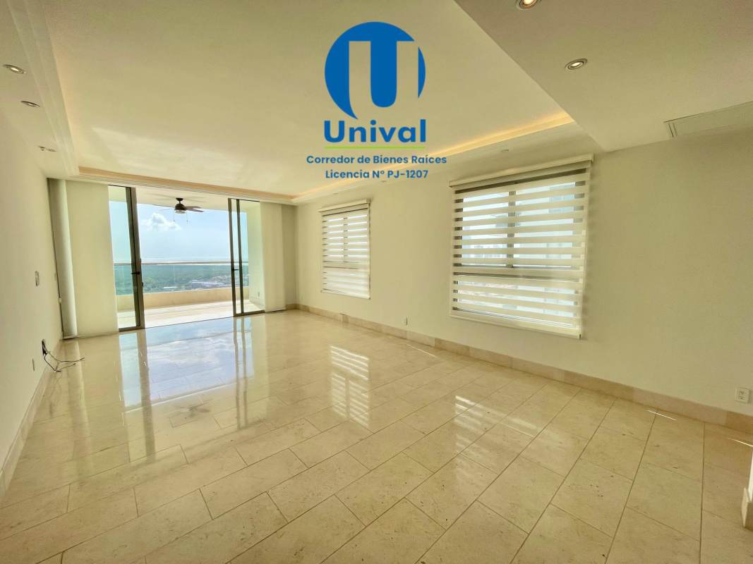 Modern living room with marble floors large windows balcony view PH Greenview Santa María Panama