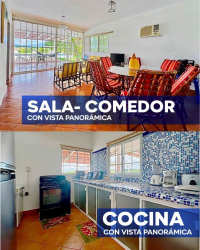Spacious living dining and kitchen area with panoramic windows and countryside views at finca in Las Uvas San Carlos Panama