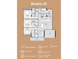 Model 3C layout at Explora with 3 bedrooms, 3.5 baths, open kitchen and balconies