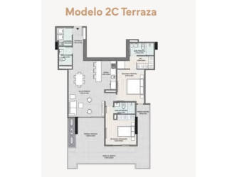 3D floor plan model showing three-bedroom apartment with terrace at Explora Panama Pacifico