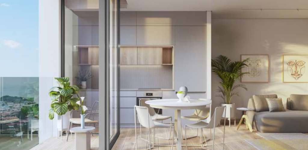 Open plan living area with floor-to-ceiling windows and balcony in PH The Cosmopolitan San Francisco Panama