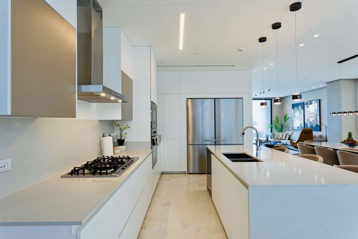 Aerial view of luxury condos, private marina, and city skyline at Ocean Reef Casa del Mar Panama