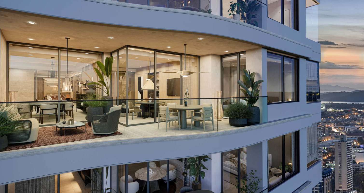 Open plan living-dining space modern design panoramic ocean views PH Tagua Costa del Este Panama