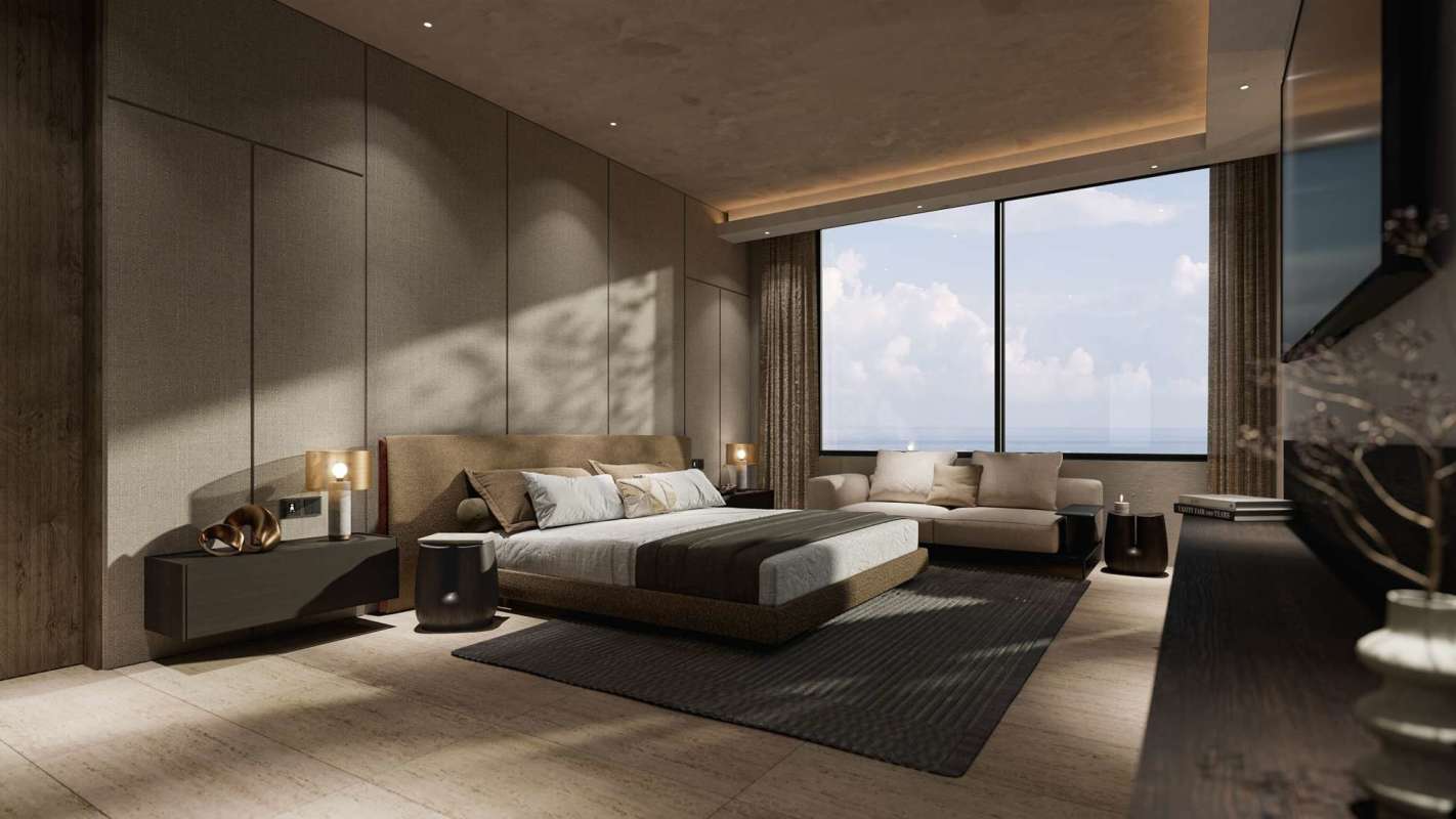 Modern master bedroom large window ocean view luxury condo Costa del Este Panama