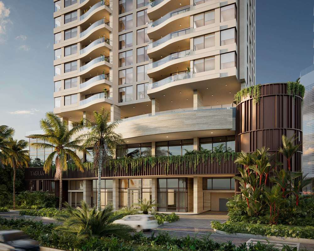 Modern high-rise tower with curved balconies greenery PH Tagua Costa del Este Panama