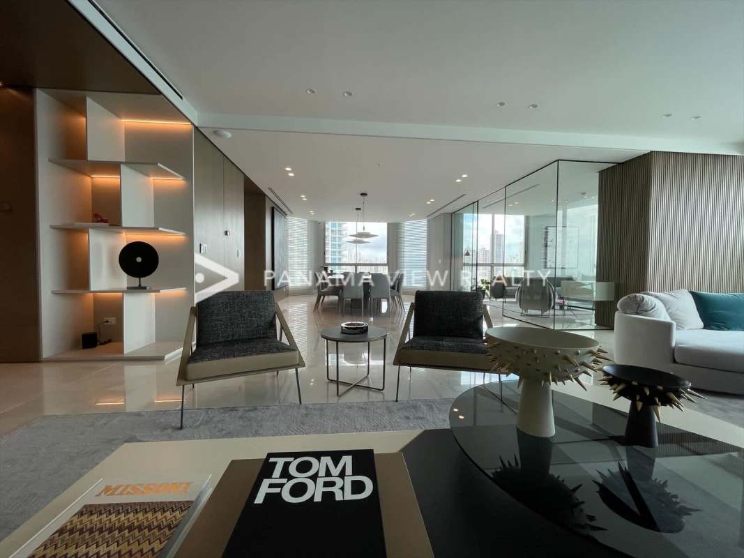 Spacious luxury dining room with marble floors and ocean views at PH Pacific Point Panama