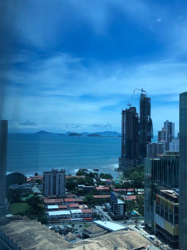 Punta Pacifica skyscrapers with ocean backdrop seen from above including Oceania Business Plaza