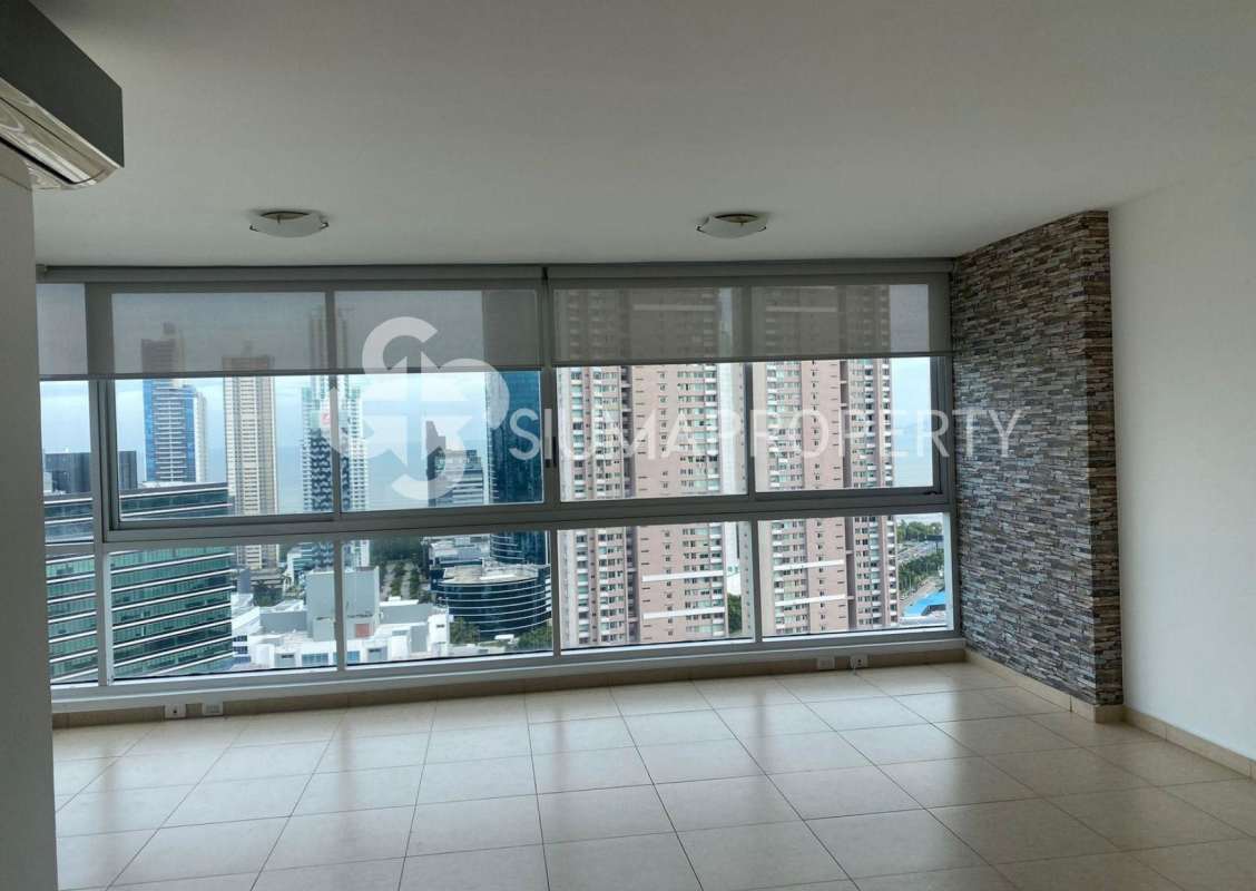 Bright living room in PH Sol del Este with large windows city skyline Costa del Este Panama
