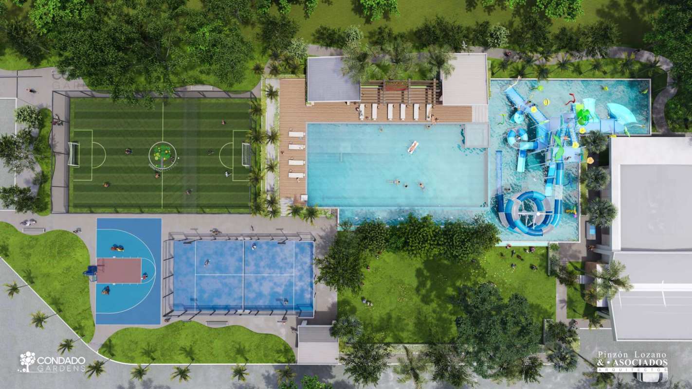 Bright bedroom with 2 beds, natural light, orange accent cabinet in Condado Gardens Panama