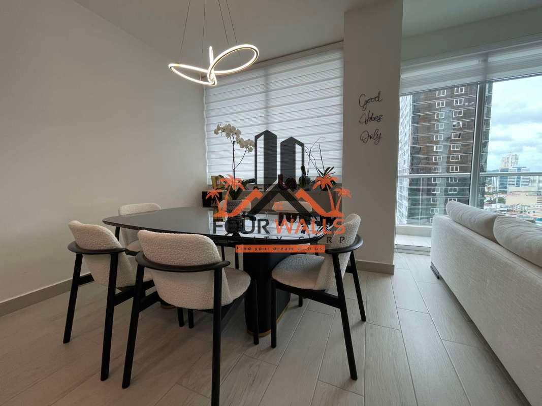 Modern bedroom with large window and city view in PH Urbana apartment Obarrio Panama for rent