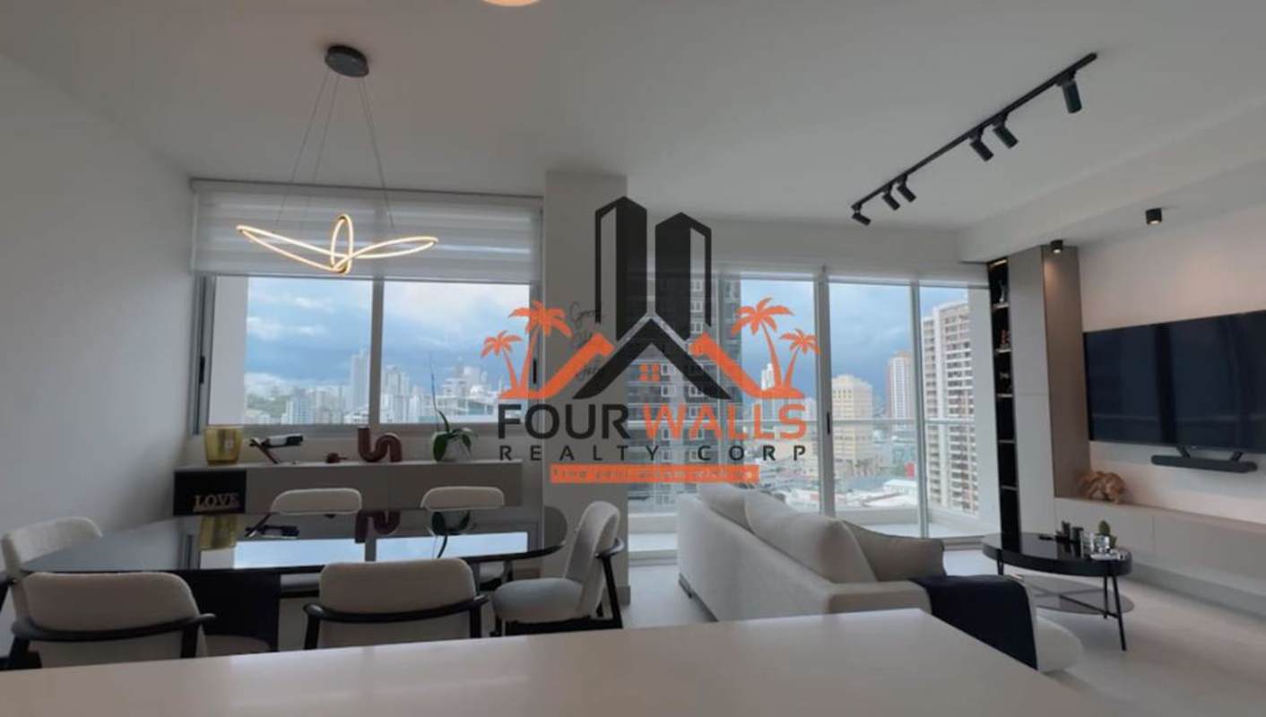 Modern kitchen with cabinets and breakfast bar in PH Urbana apartment Obarrio Panama City
