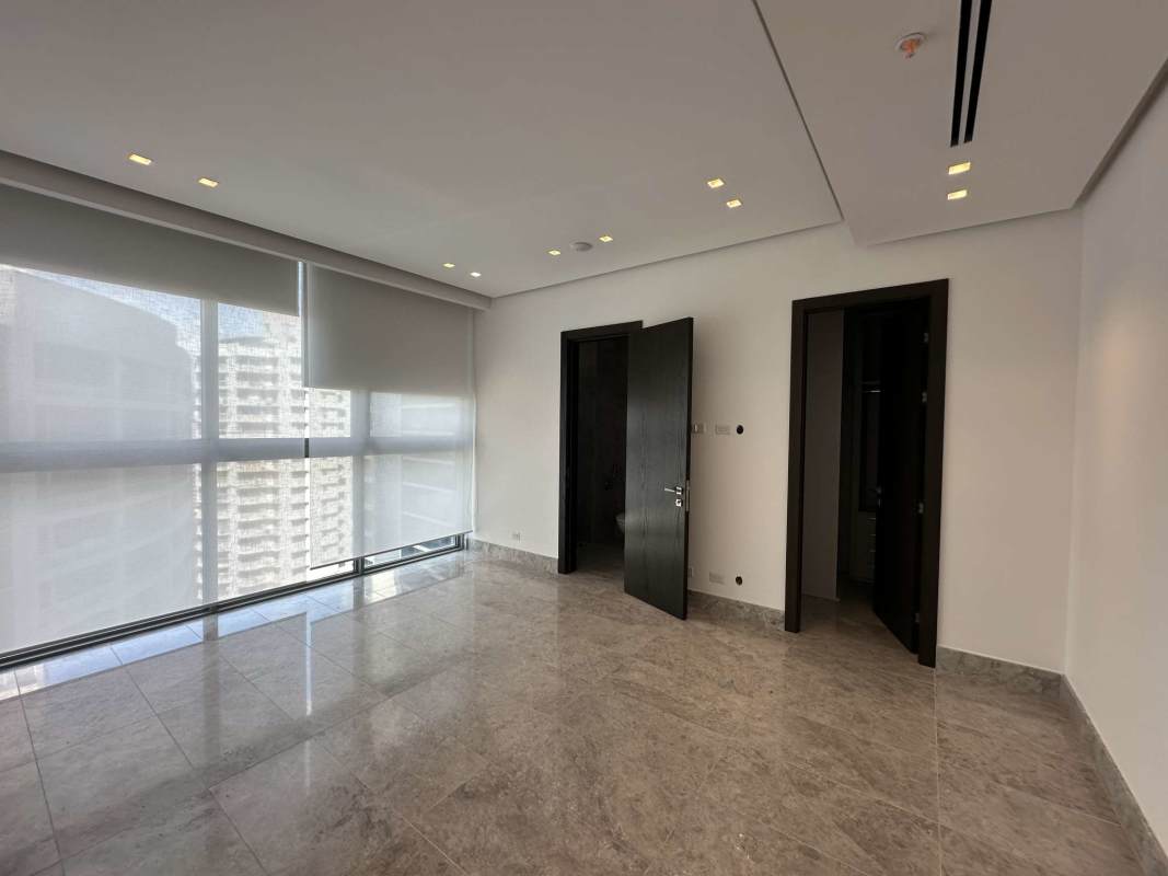 Modern marble bathroom with double vanity glass shower in PH Sea Point Paitilla Panama