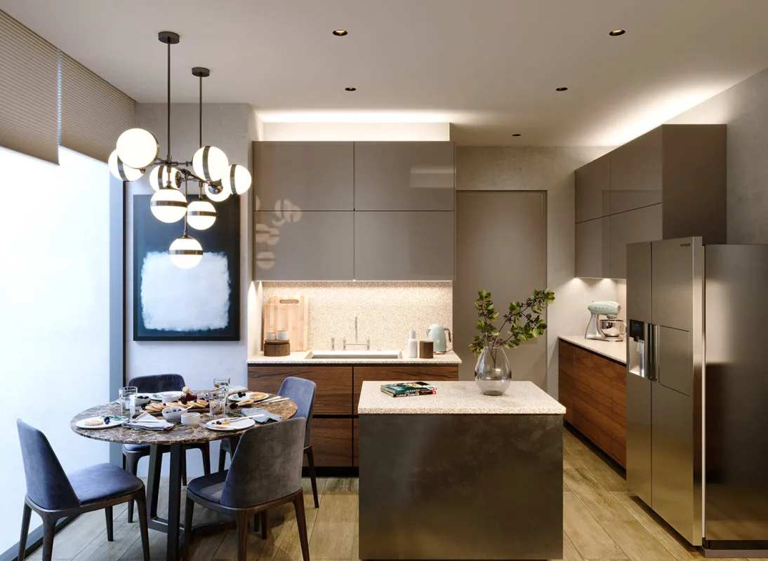 Contemporary kitchen with island, stainless appliances, large windows city view The Ivy Panama