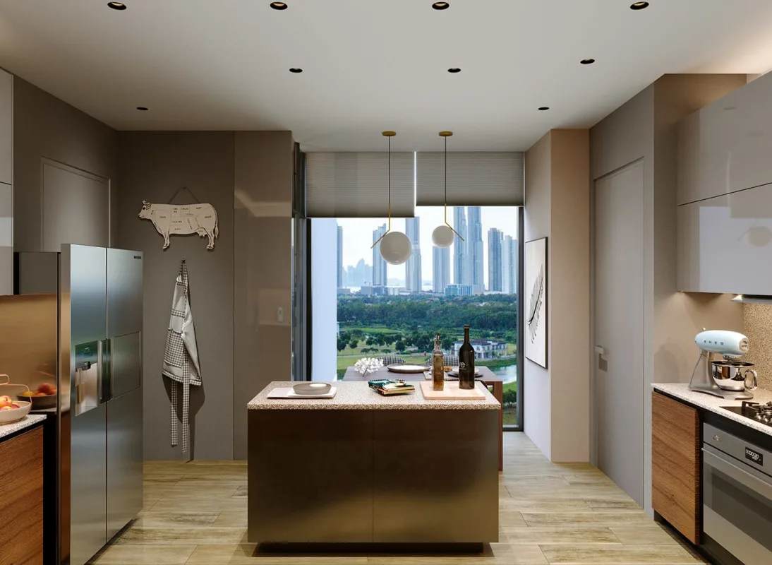 Contemporary kitchen with panoramic window overlooking Panama city The Ivy Santa Maria