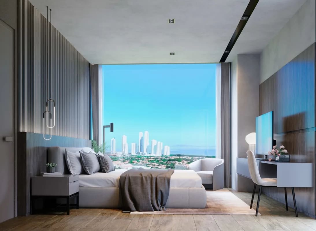 Spacious bedroom with panoramic ocean and city view in The Ivy Santa Maria Panama
