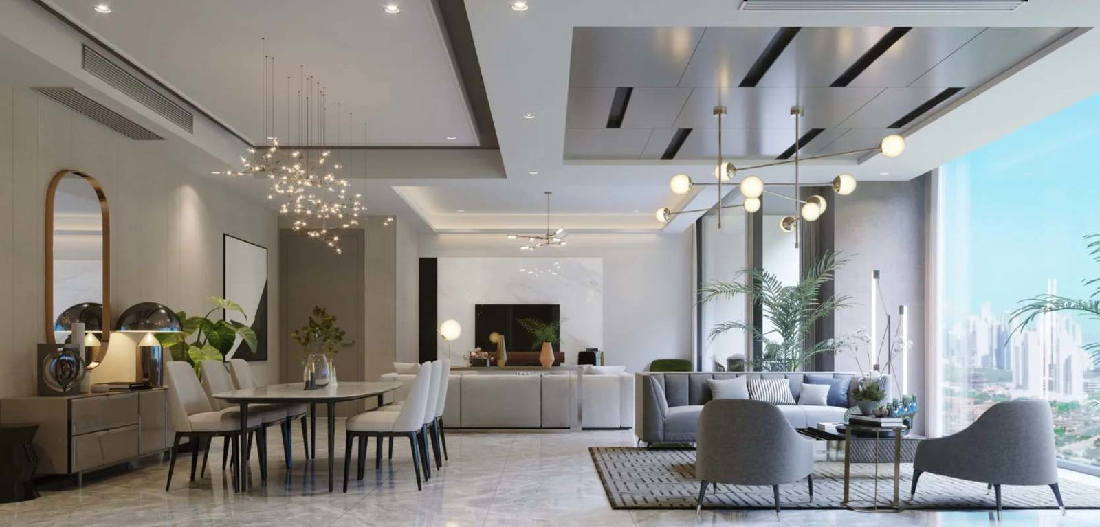 Modern living space with floor-to-ceiling windows city skyline views The Ivy Santa Maria Panama