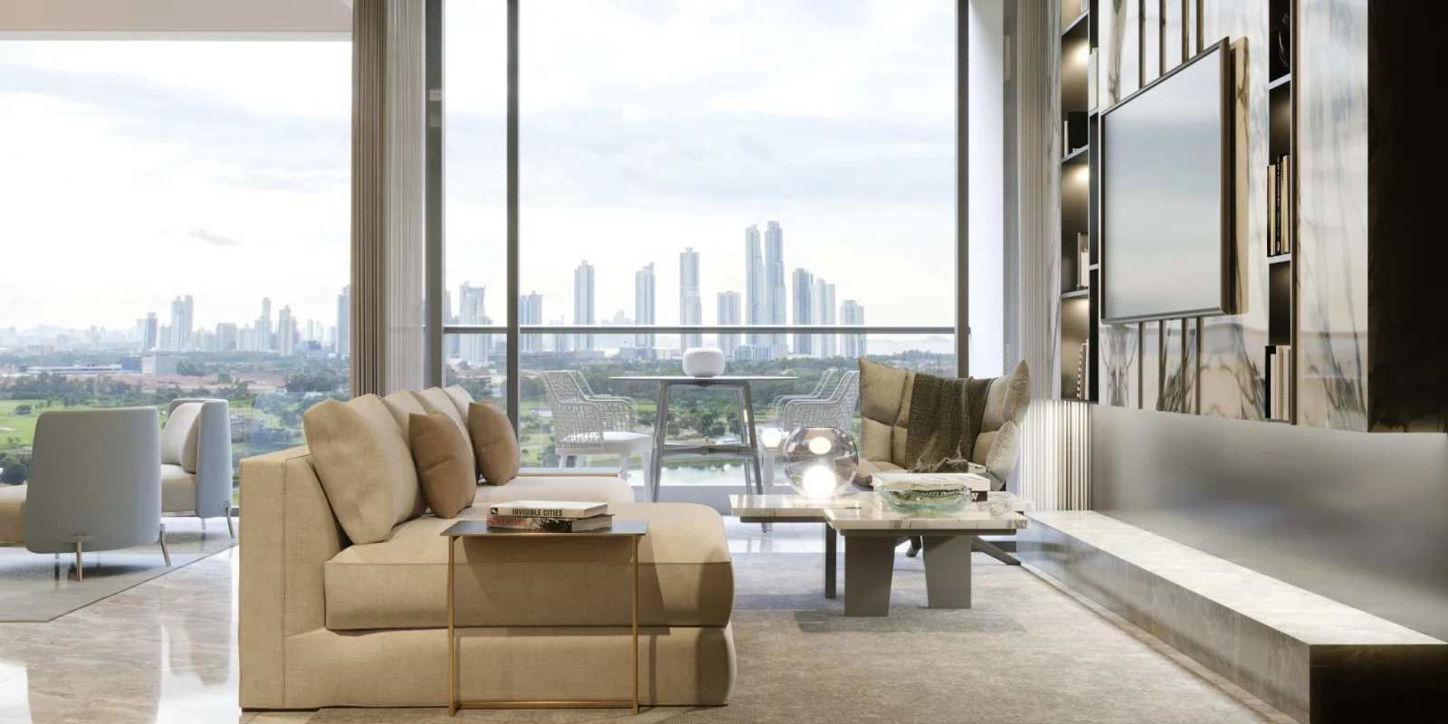 Luxury apartment living room marble wall mounted TV skyline view The Ivy Santa Maria Panama