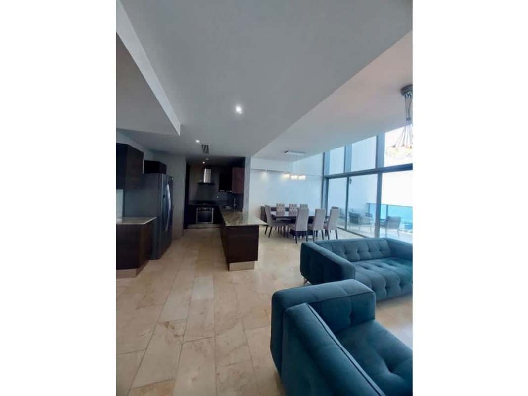 Panoramic balcony with glass railings overlooking the Pacific Ocean at PH Ocean Club Panama