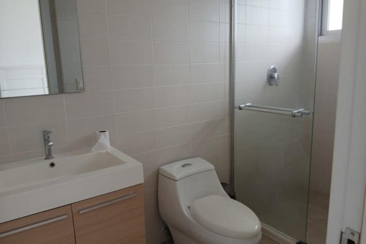 Elegant bathroom with window, marble counters dual sink luxury house Panama