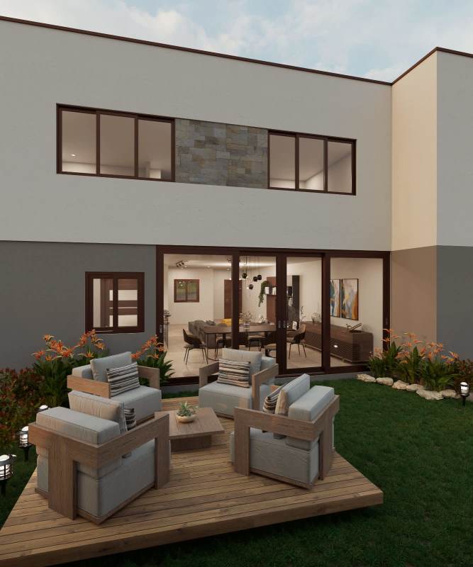 Spacious living dining area with sliding doors and garden access in new townhouse Casa Vita Parque Lefevre Panama