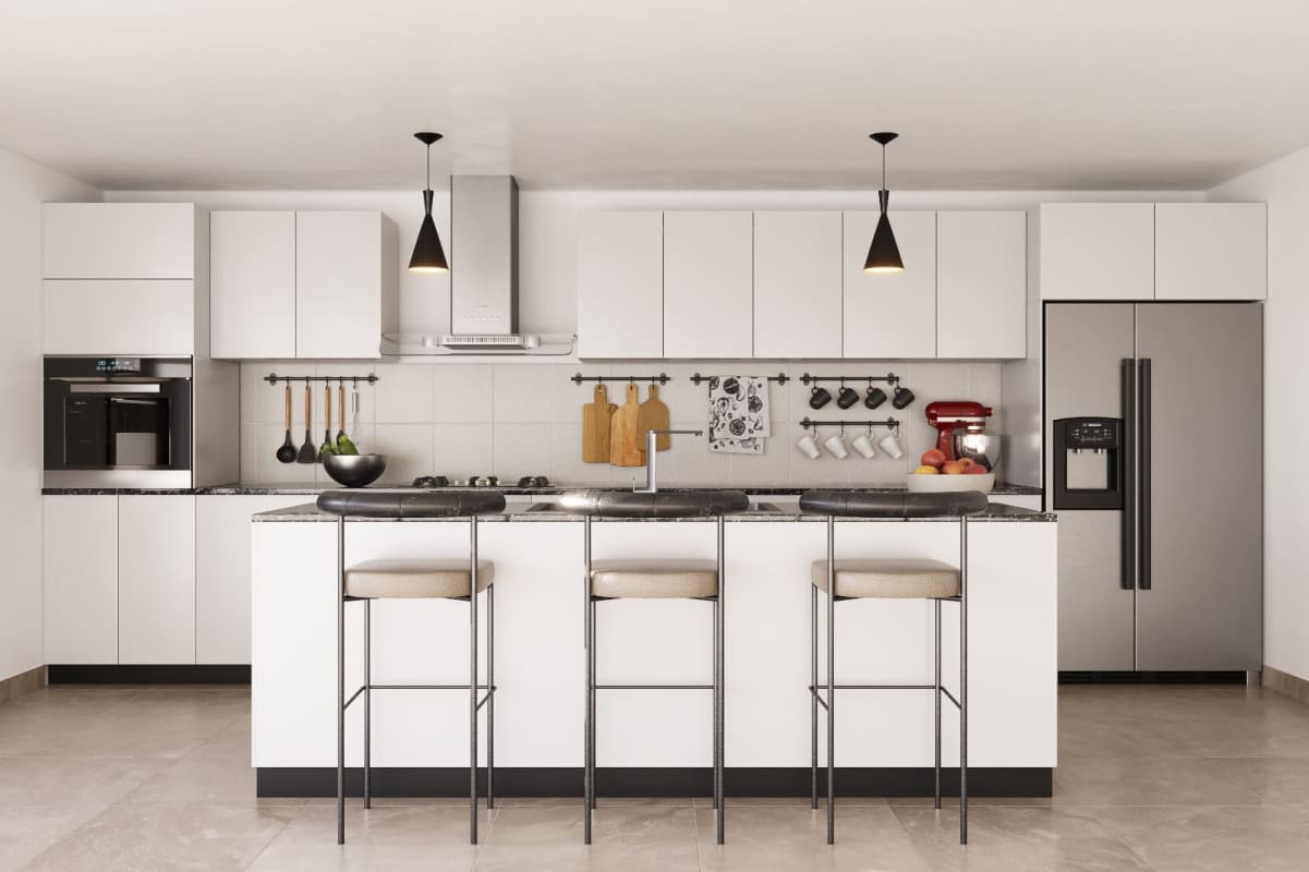 Modern kitchen with granite countertops, white cabinetry and breakfast bar in Casa Vita townhome Parque Lefevre Panama City