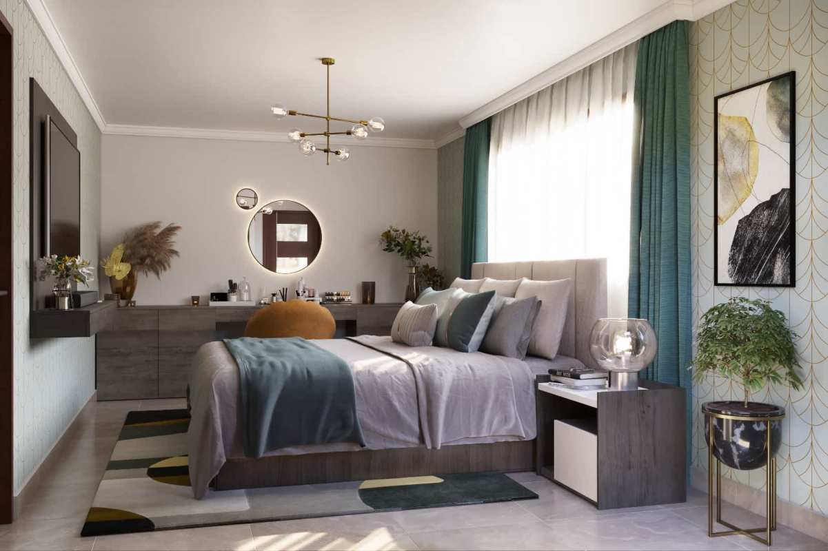 Large bedroom with natural light, modern decor and ample storage in Casa Vita duplex home Panama City