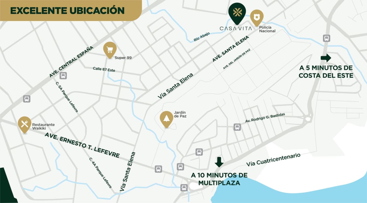 Map showing Casa Vita Residences close to Costa del Este San Francisco and major highways in Panama City