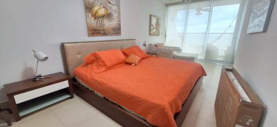 Bedroom with balcony ocean views, split AC, closet in Bahia Resort Gorgona Panama