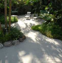 Spacious tropical garden with guest parking at hostel hotel near Playa Blanca Farallón