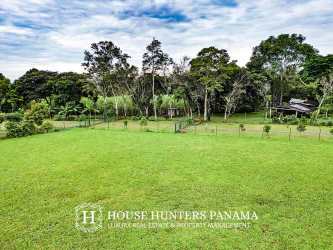 Large private lawn plot bordered by native trees under clear Panama mountain sky