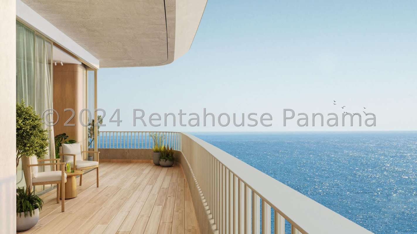 Open plan living dining room with panoramic city ocean views Ipanema Tower Costa del Este Panama