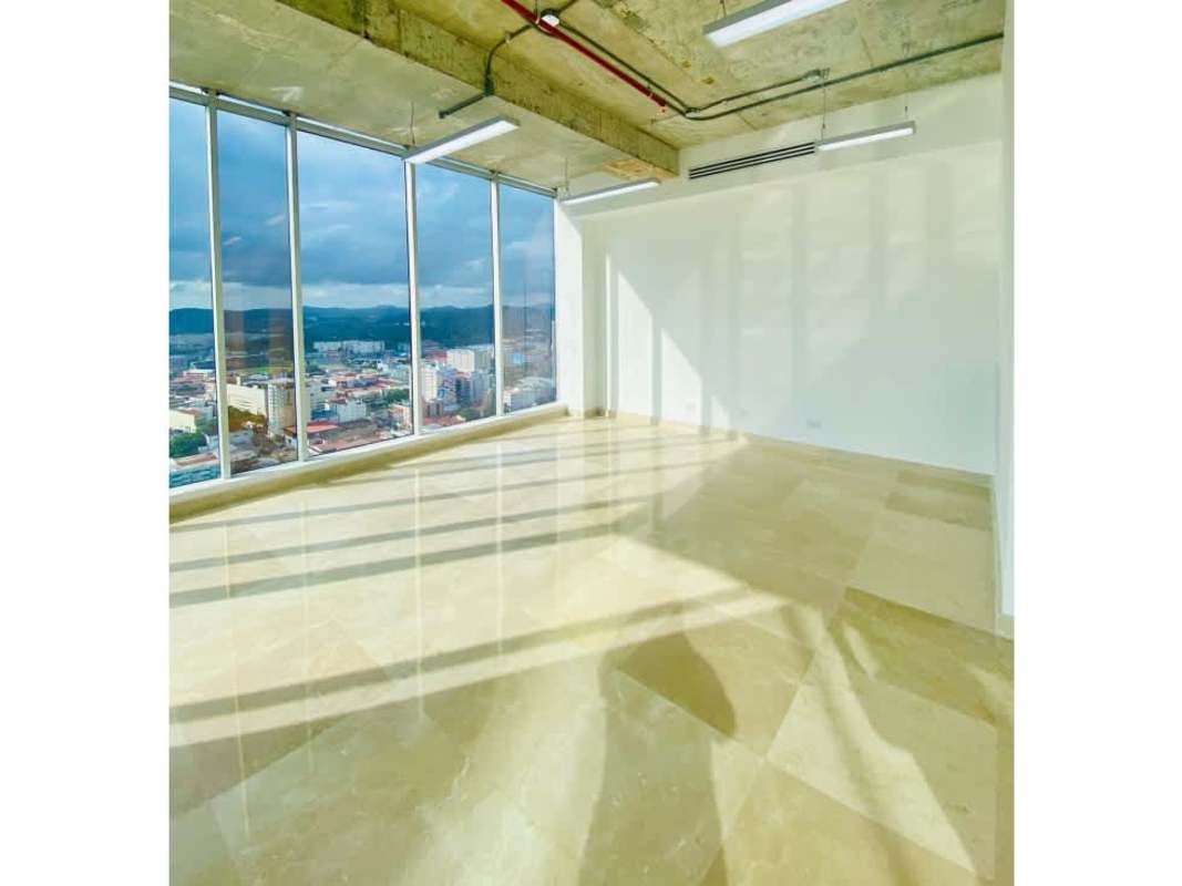 Empty commercial office floor-to-ceiling windows city view BOC Torre Interplus Panama City