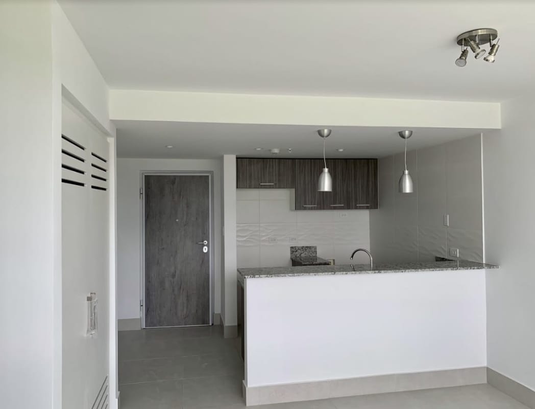 Modern kitchen with granite countertop pendant lights tile backsplash in PH Green Wood Tumba Muerto