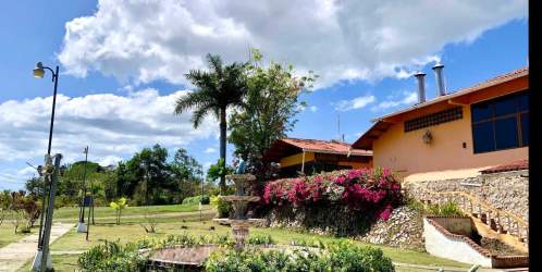 Front garden with palm trees and Mediterranean facade of Restaurant El Galeón Panama