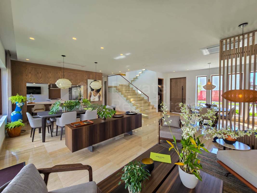 Contemporary bathroom with double sink, glass shower marble floor PH The Woods Santa María Panama