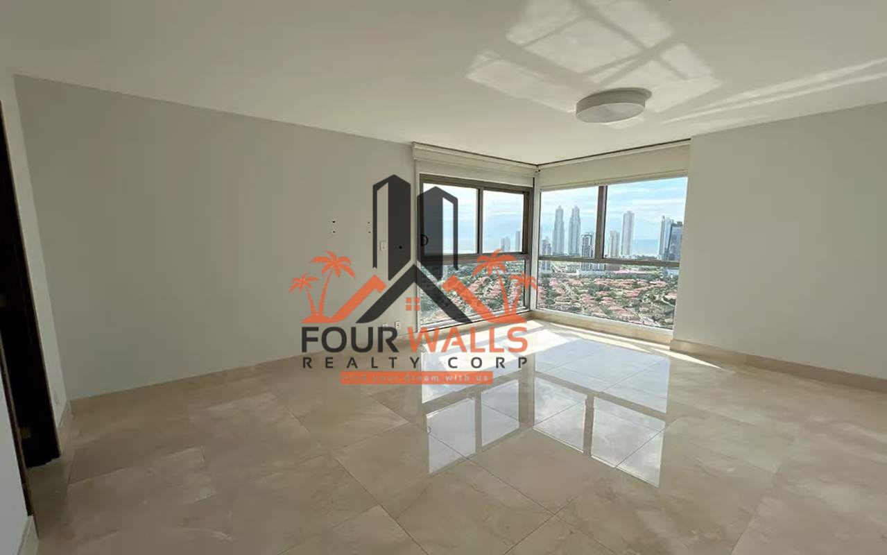Spacious living dining area with panoramic windows and terrace access in luxury apartment Santa María Panama