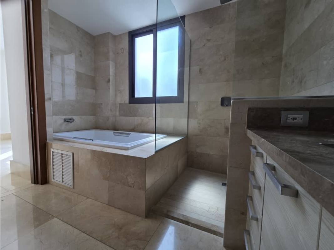 Modern bathroom with stone tile, bathtub, separate shower in PH Valery Point