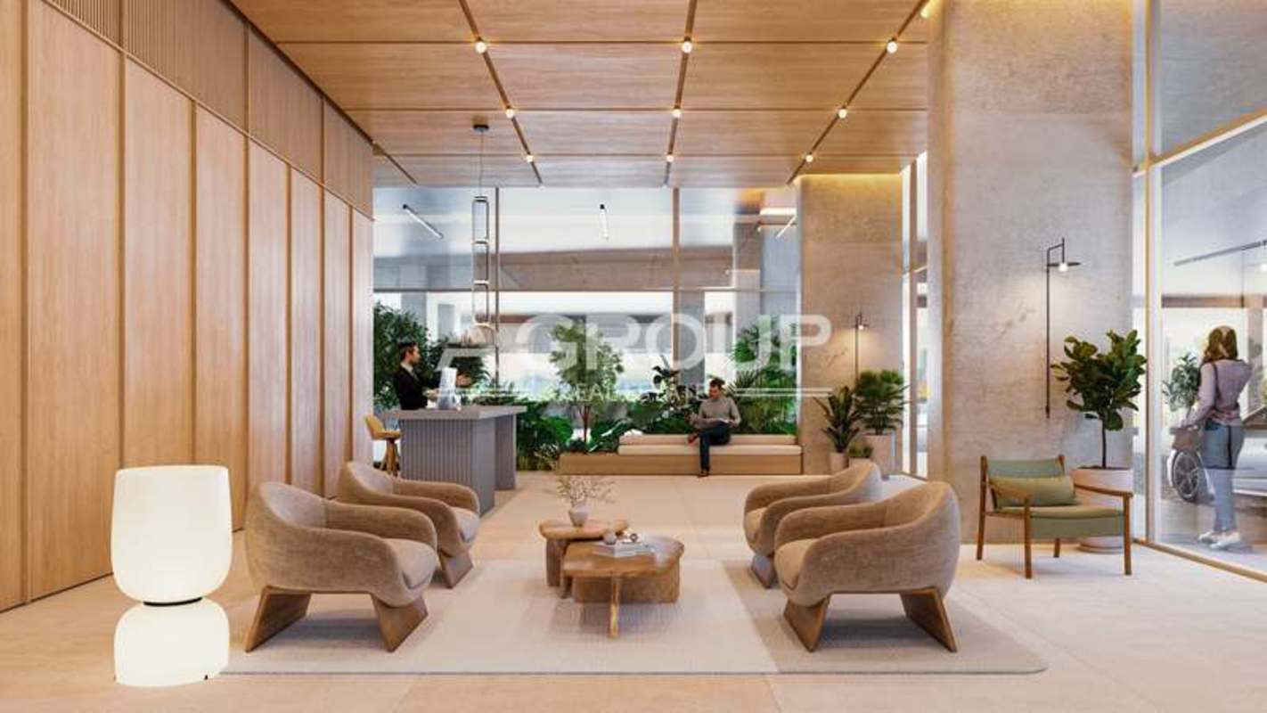 Elegant lobby with wood accents and seating at Ipanema Tower Costa del Este Panama