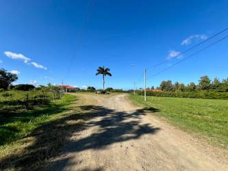 Dirt country road running by rural land parcel with blue sky and electricity access