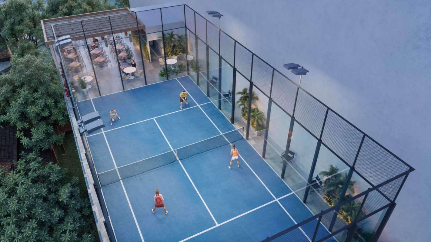 Modern rooftop padel tennis court residential complex PH Costanera Aqua Panama