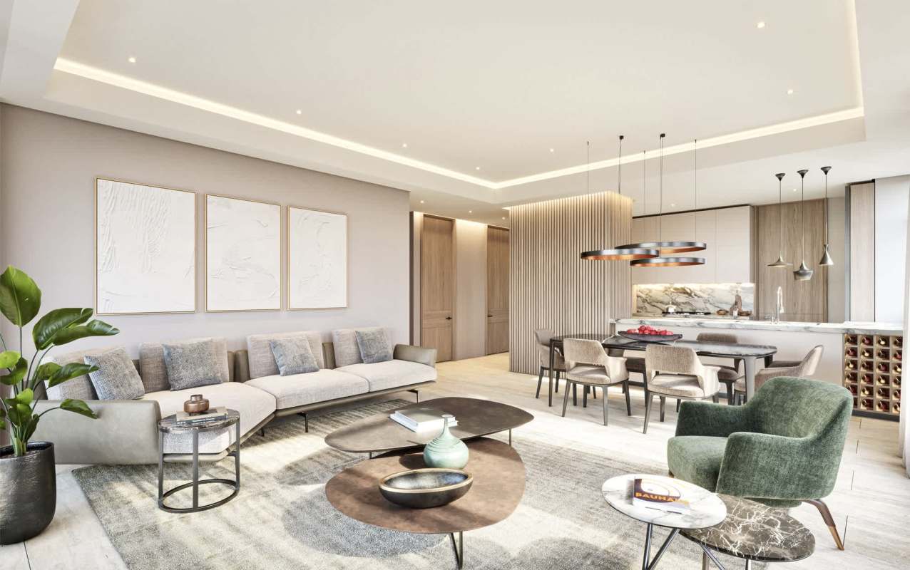 Open concept living dining with marble floors luxury condo PH Corotu Santa Maria Panama City