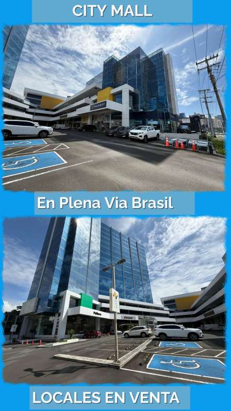 Exterior view of modern City Mall with multiple levels glass facade and parking in Via Brasil Obarrio Panama