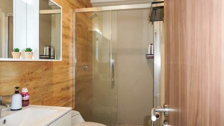 Modern minimalist bathroom glass enclosed shower wood accent Royal Palm Panama
