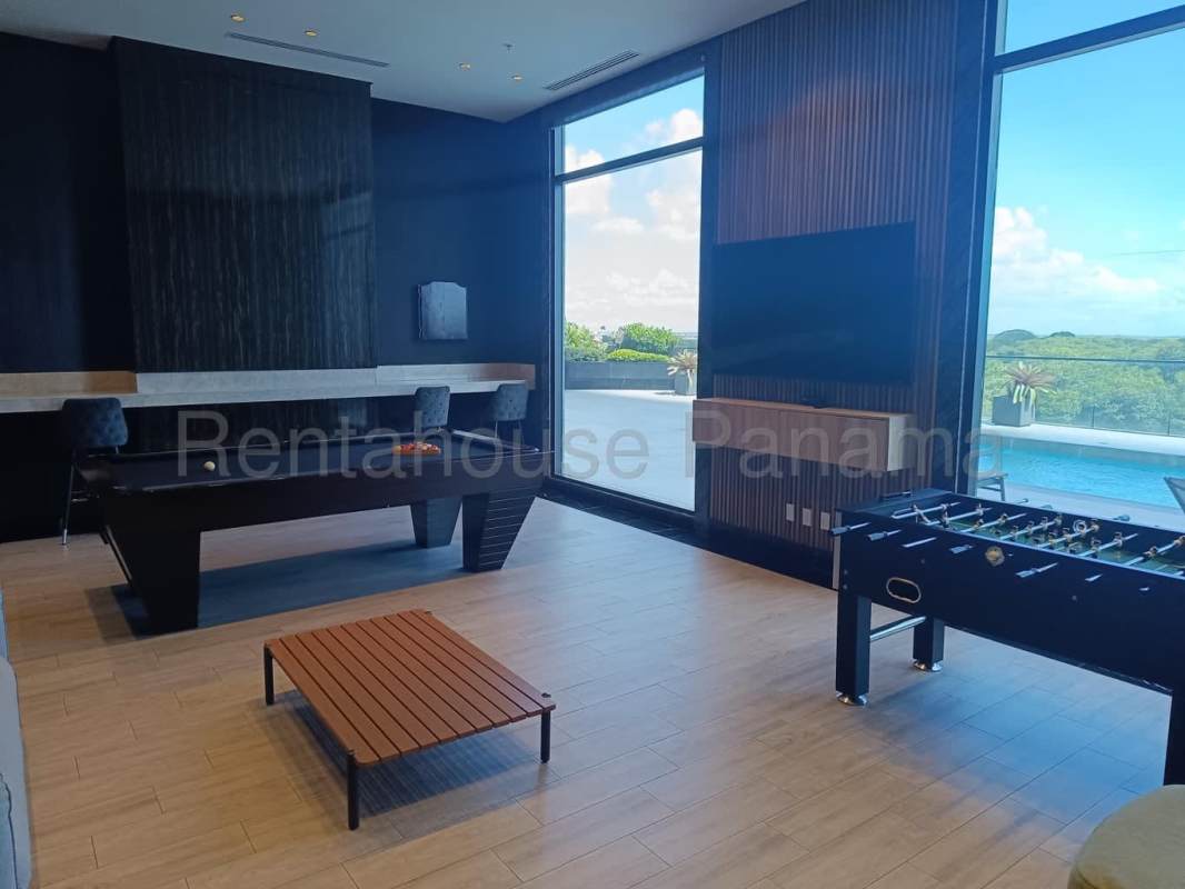 Large private balcony overlooking golf course and high-rise views at Santa Maria Golf condo Panama