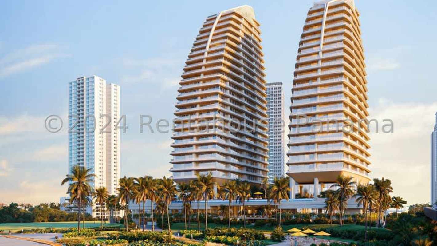 Twin luxury residential skyscrapers with balconies in Costa del Este Panama City